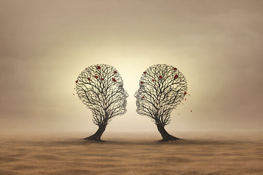 Two bare trees facing each other in desert landscape with dramatic lighting