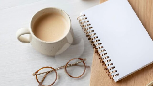 Calm morning stillness with coffee and notebook. Glasses rest beside the cup. Empty page invites thoughts or plans. Minimalist vibe feels peaceful and focused. Great for creative or