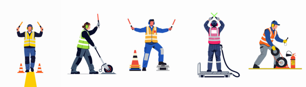 Flat Vector Illustration of Airport Ground Crew and Marshallers Performing Various Duties in High-Visibility Vests Isolated on White
