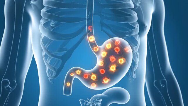 3D Medical Animation of Acid Reflux Heartburn and GERD with Orange Glowing Particles Rising from Stomach to Esophagus