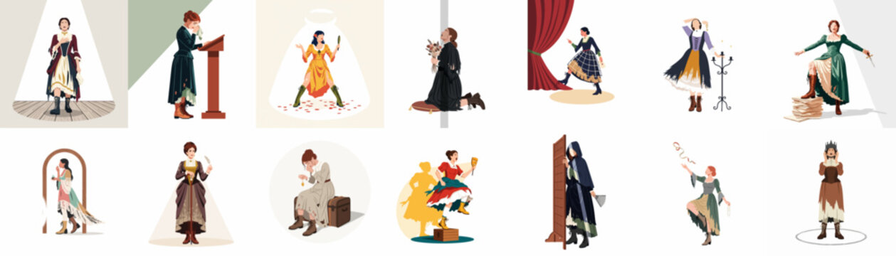 Collection of theatrical character illustrations featuring a woman in various dramatic poses and historical costumes.