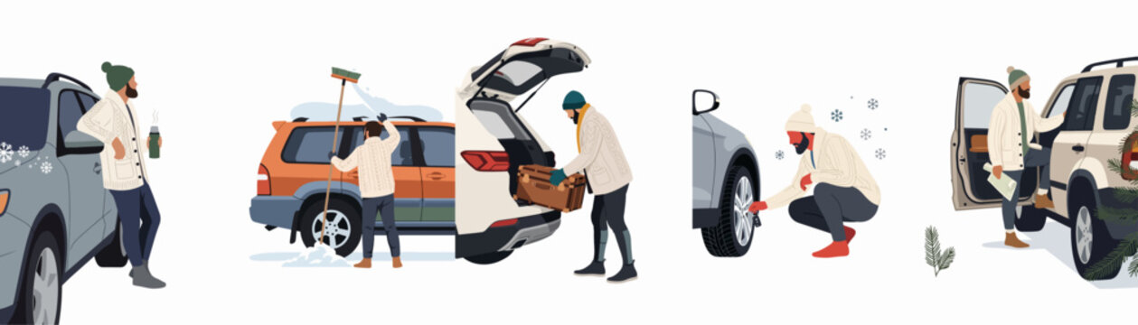 Illustration of a man preparing his SUV for a winter road trip including loading luggage clearing snow and checking tires