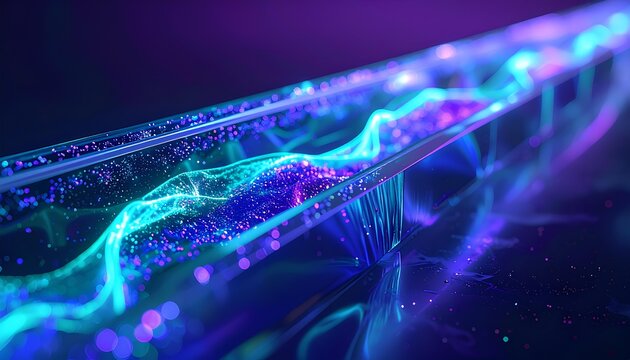 透明な材料に埋め込まれたマイクロ流路の断面 / Cross-section of a microfluidic channel in transparent material (Generative AI)
