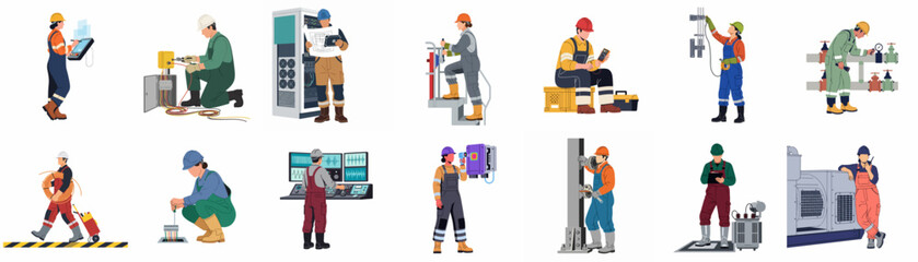 Fototapeta premium Flat vector illustration set of diverse industrial workers, engineers, and technicians performing maintenance, construction, and operational tasks in safety gear.