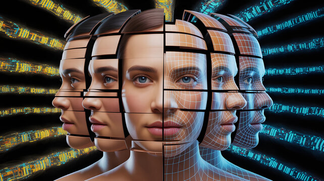 A human face splitting into multiple algorithmic versions, each representing different online identities, hyper-detailed