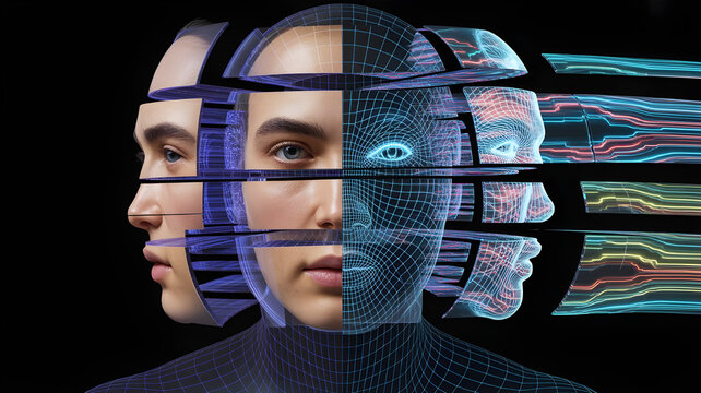 A human face splitting into multiple algorithmic versions, each representing different online identities, hyper-detailed