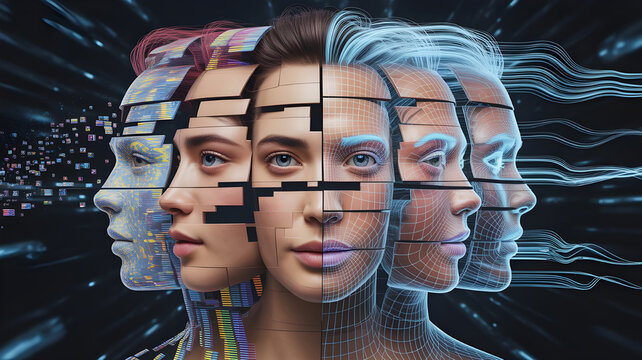 A human face splitting into multiple algorithmic versions, each representing different online identities, hyper-detailed