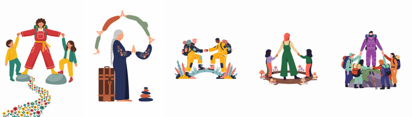 Collection of diverse vector illustrations depicting people hiking, traveling, and practicing mindfulness, highlighting themes of community, connection, support, and outdoor exploration. © Rolas