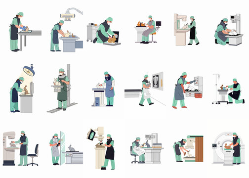 Set of illustrations depicting veterinary professionals performing various diagnostic imaging and medical procedures on rabbits in a clinic or laboratory setting.