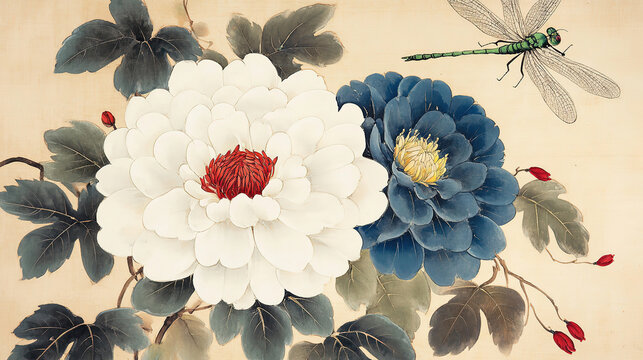 Traditional ink wash circular three vibrant flowers dragonfly largest white yellow red center right blue flower yellow center above small white red center green brown leaves brown branches red buds gr