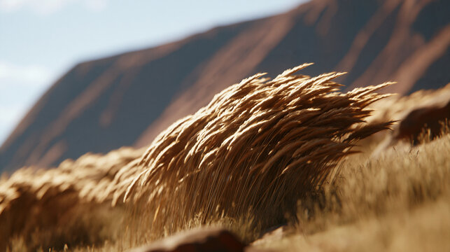 Golden dry grass stalks blowing in the wind with mountain background seed head agriculture