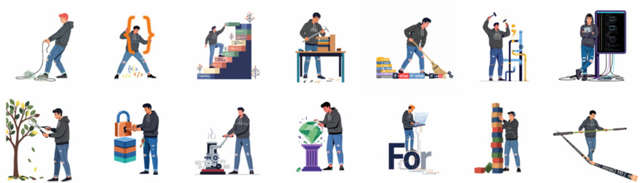 Set of vector illustrations featuring a male programmer performing various metaphorical tasks related to software development, coding, and system maintenance.