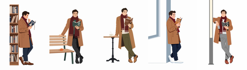 Obraz premium Set of illustrations depicting a young man in a brown coat reading a book in various urban environments like a cafe and park.