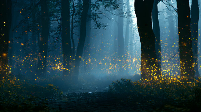 Morning sunrise shining through a misty forest with green trees and a peaceful woodland path