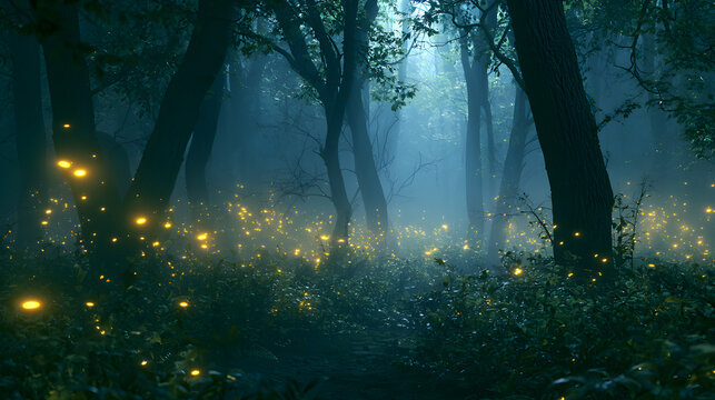 Morning sunrise in misty forest with sunlight on trees and green nature path