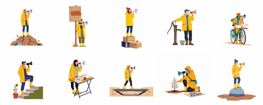 Set of diverse people in yellow raincoats using megaphones for social and environmental activism in various outdoor settings.