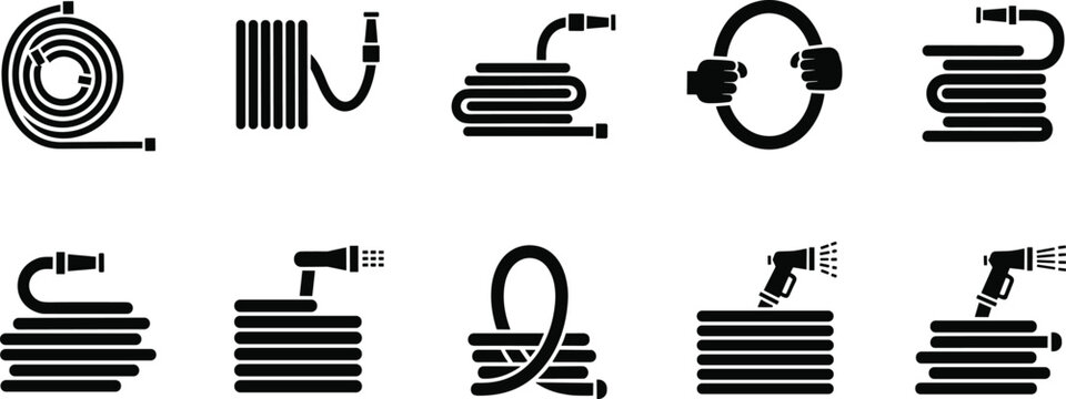 Black silhouette garden hose icons set, coiled hose, watering nozzle, irrigation equipment, gardening tools, outdoor maintenance, plumbing, vector illustration