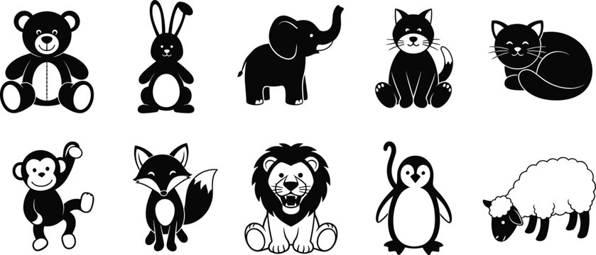 Black silhouette cute animal icons set, cartoon zoo characters, wildlife illustration, children design, playful pets, vector art, educational graphics