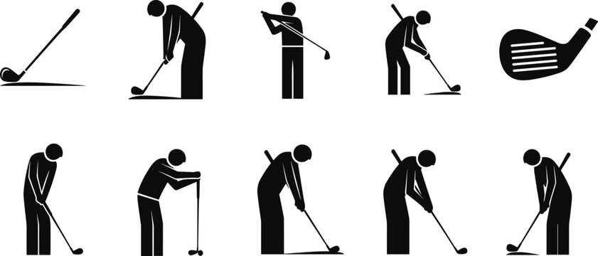 Black silhouette golf icons set, golfer swing poses, sports equipment, golf club and ball, athletic activity, outdoor recreation, vector illustration