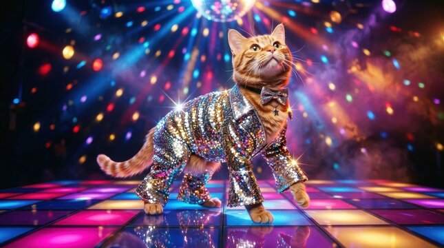 Glamorous Sequin Disco Orange Tabby Cat On Glowing Dance Floor