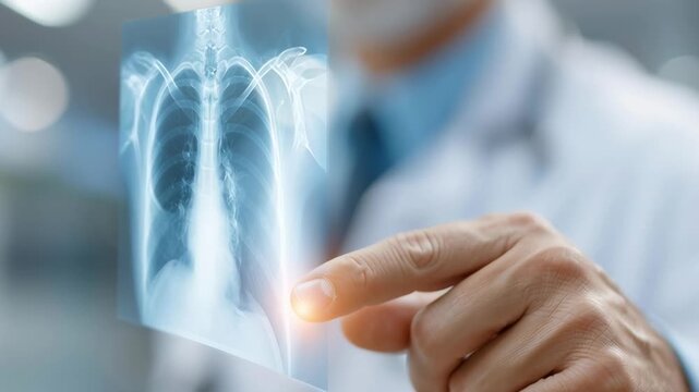 Doctor's finger taps digital x-ray display. Focus on lungs and spine in clear radiograph. Hand gesture indicates analysis or diagnosis. Medical professional examines patient scan with care. Ideal
