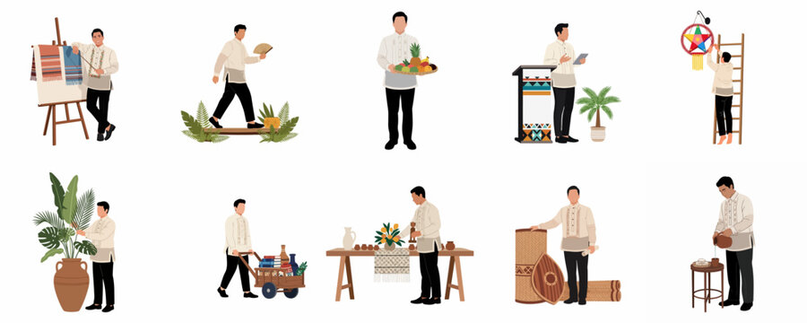 Illustrations of Filipino men in traditional Barong Tagalog performing various cultural activities, crafts, and celebrations, celebrating the rich heritage of the Philippines.