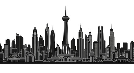 Fototapeta premium Modern city skyline silhouette with tall skyscrapers, urban architecture