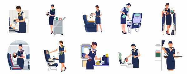 Fototapeta premium Flat vector illustration set of professional female flight attendants in uniform serving beverages and assisting passengers inside an airplane cabin.