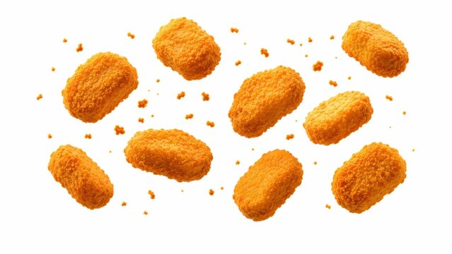 Crispy golden chicken nuggets with crunchy breadcrumbs, fried poultry snacks falling on white background, delicious fast food appetizers