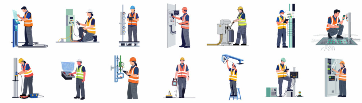 Diverse collection of industrial technicians and engineers performing maintenance, inspection, and monitoring tasks, flat vector illustration on white background.