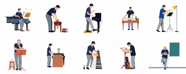 Flat illustration set of men playing piano, writing music, and maintaining instruments in various poses isolated on white background. © Lhymo