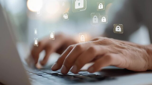 Hands type on laptop with floating padlocks. Focus on fingertips, blurred background. Soft bokeh lights add calm, professional tone. Ideal for cybersecurity, data protection, or online privacy