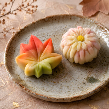 Japanese Wagashi Nerikiri Autumn Maple Chrysanthemum Ceramic Plate Close Up Wabi Sabi Momiji