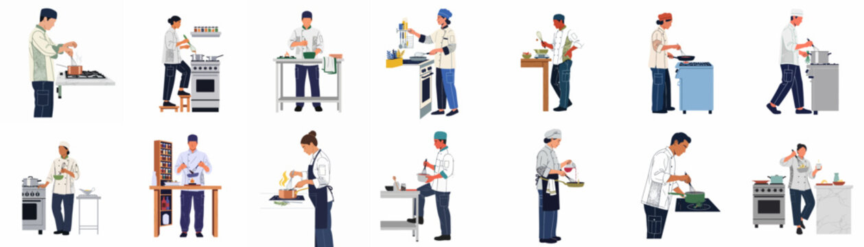 Set of professional chefs in uniforms cooking and preparing food in restaurant kitchens, flat illustration collection on white background.