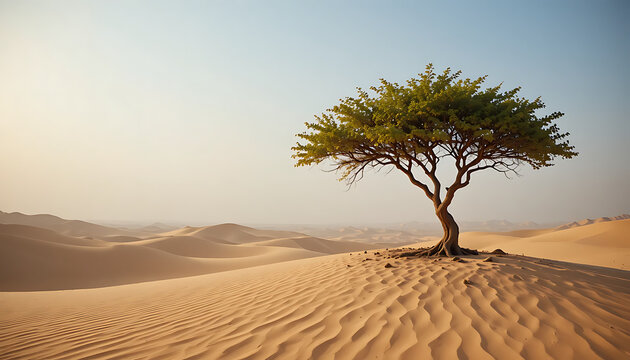 A lone tree stands tall on a sand dune in a vast desert landscape with rolling hills and a hazy sky