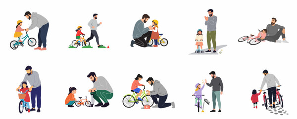 Fototapeta premium Set of illustrations depicting a father teaching his young daughter how to ride a bicycle and scooter, capturing moments of learning, support, and family bonding.