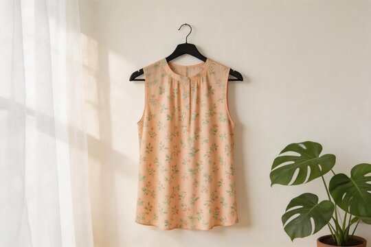 Orange floral sleeveless top on hanger