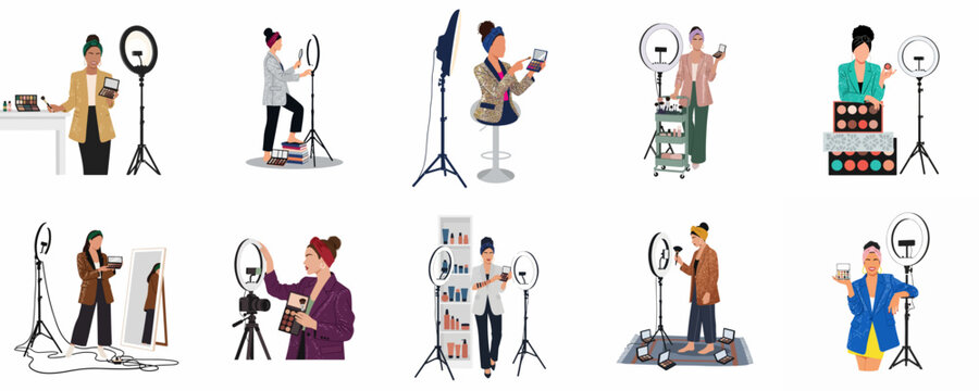 Flat illustration set of diverse female beauty bloggers recording makeup tutorials and creating video content for social media with professional lighting equipment.