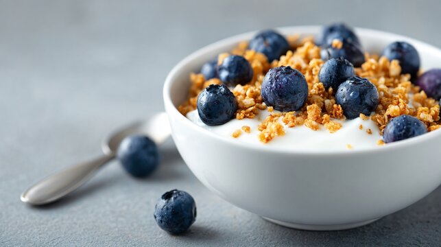 Blueberries with yogurt and granola, healthy breakfast bowl, balanced nutrition concept, clean eating lifestyle image