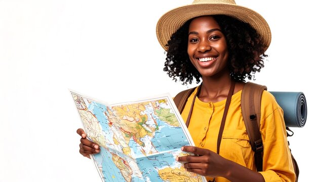Smiling woman with hat and backpack holds map