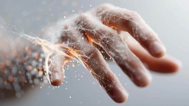 Hand pulses with energy, sparks fly outward. Fingers glow as digital particles swirl around them. This scene suggests transformation or connection. Perfect for tech, science, or futuristic themes