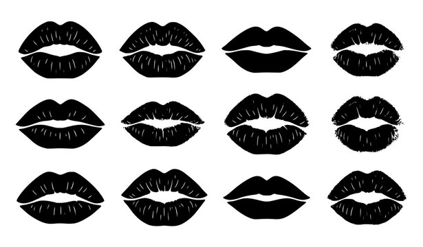 Realistic Black Lip Imprint Vector Set with Women Lipstick Kiss Prints for Valentine Design