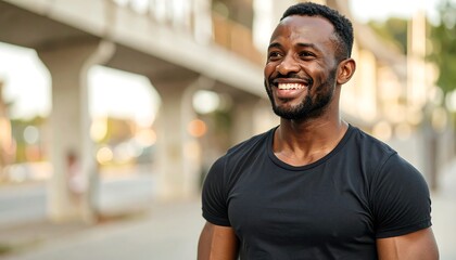 Fototapeta premium Smiling man with dark skin, wearing a black t-shirt, standing outside with a blurry background, looking off to the side