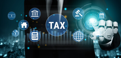 Obraz premium Tax Planning Concepts with Robotic Hand Interacting with Financial Symbols and Icons in a Modern Digital Environment Haptic.
