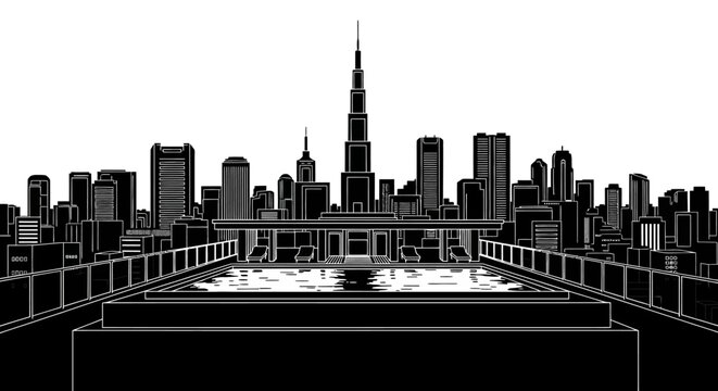 Dubai Skyline Silhouette View from Rooftop Pool, Modern Cityscape