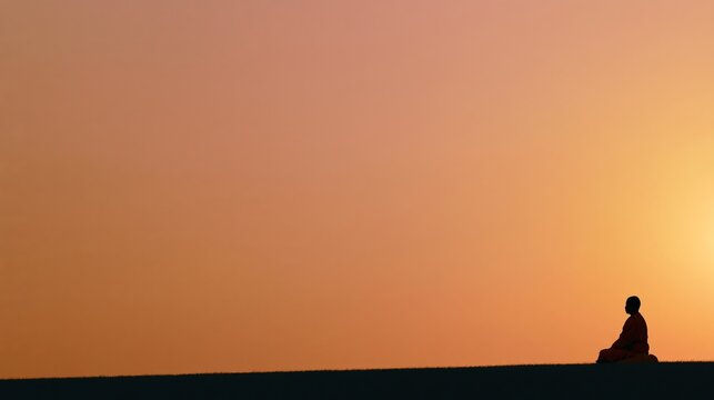 Buddhist monk meditating at sunset