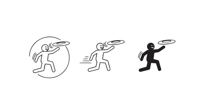 Three stylized illustrations of frisbee throwing actions.