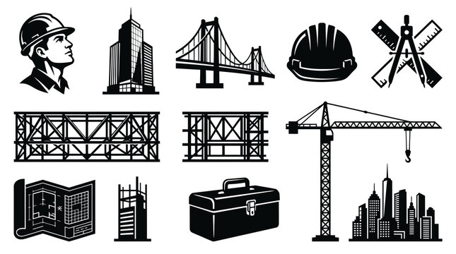 Structural Engineering and City Development Silhouette Icon Collection