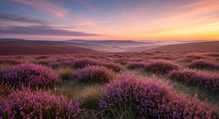 Obraz premium Rolling Hills Covered in Heather Under a Sunset Sky