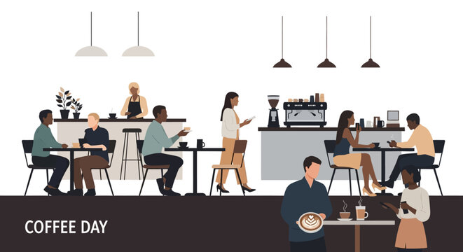 Busy coffee shop scene with diverse patrons enjoying drinks